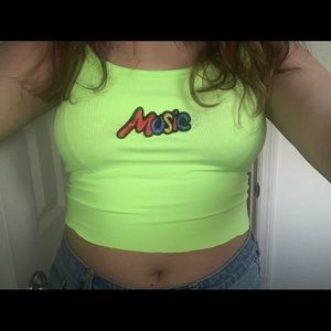 cropped neon green tank top with music patch